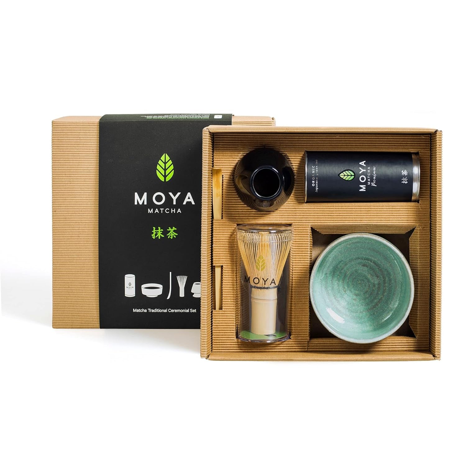 Set de ceai Moya Matcha Pudră verde organică | BIO 30G Clasa tradițională (II) | Ambalaj + bol Matcha + bătător de bambus | Set pentru prepararea Matcha