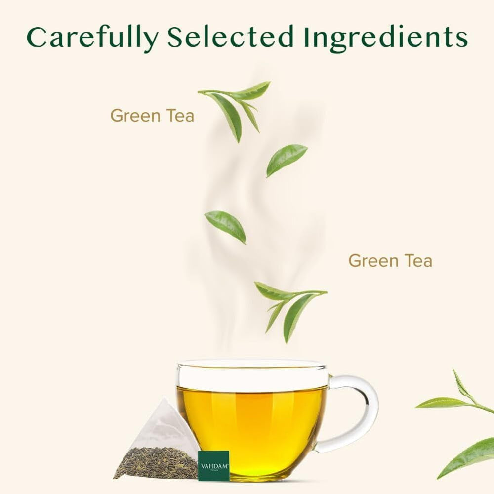 VAHDAM, ceai verde din Himalaya (100 pliculețe de ceai) 100% pur și aromat | Frunze de ceai verde natural | Vegan, fără gluten, fără lactoză | Proaspăt și direct de la sursa din India | Ceai verde