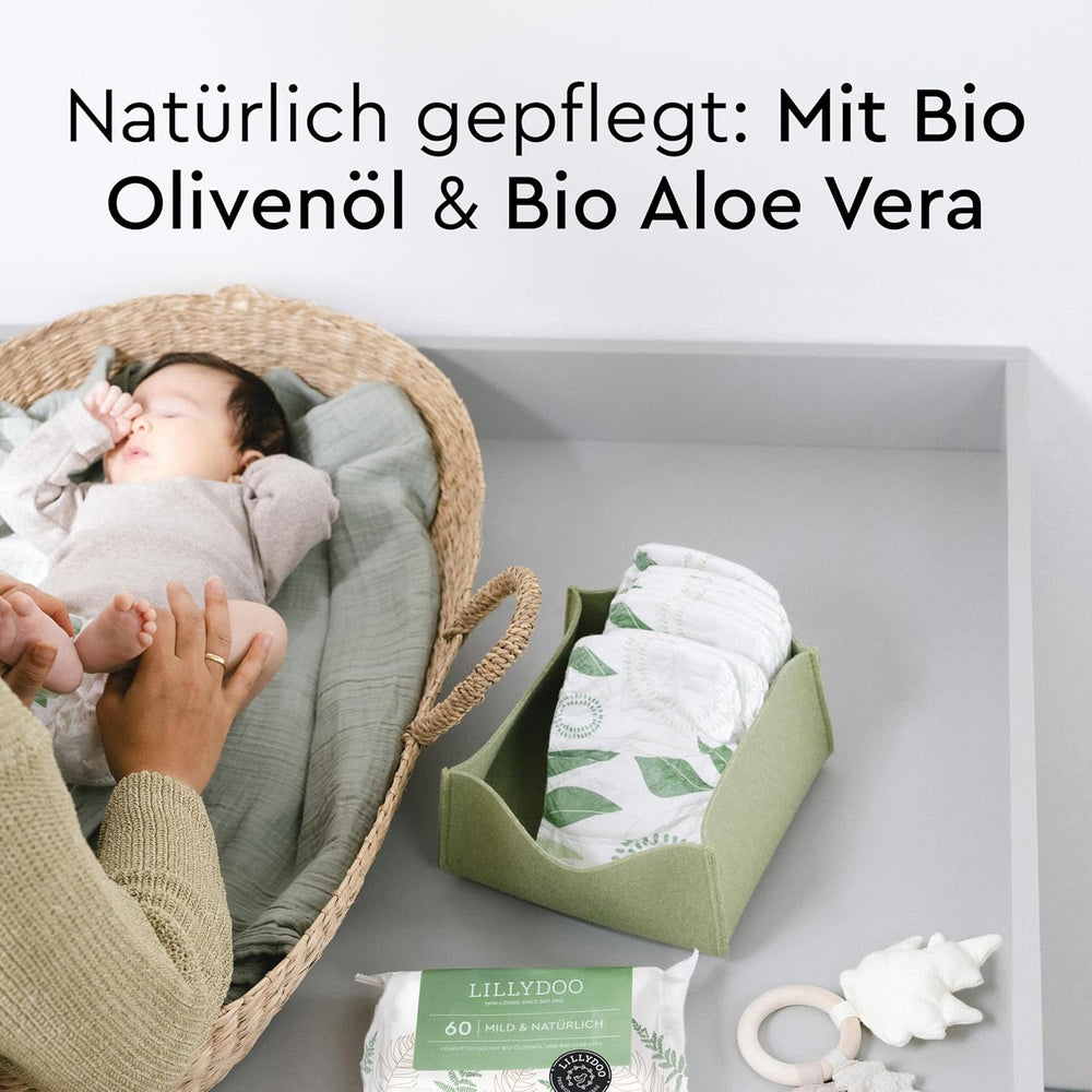 LILLYDOO Lingettes humides vertes, 600 unités (10 x 60), 100 % sans plastique, résistantes aux déchirures – Sans parfum, douces et naturelles, nettoyage doux pour les peaux sensibles, testées dermatologiquement