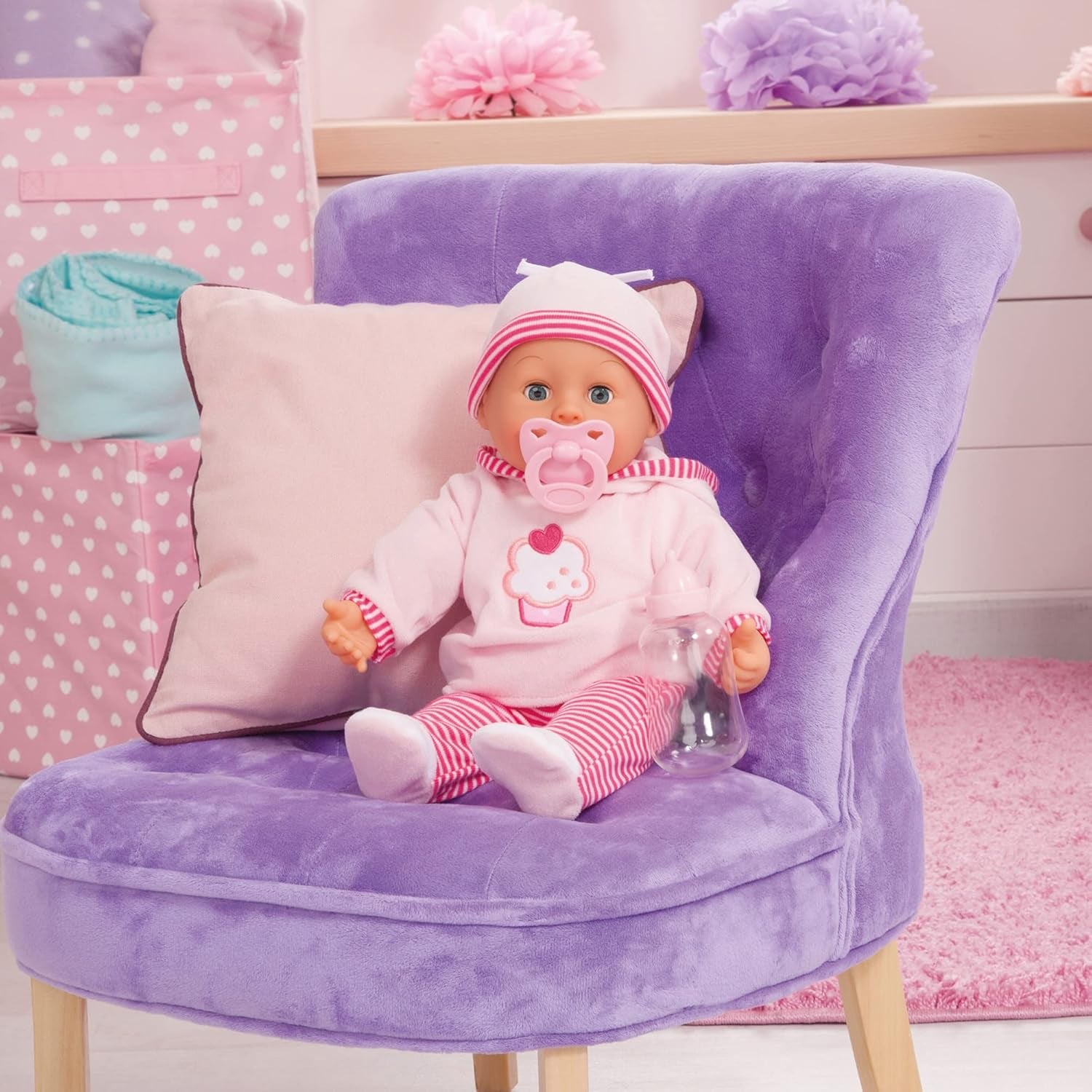 Poupée Premiers Mots aux yeux endormis, parle 24 sons de bébé, avec poupée et biberon, 38 cm, rose/rayures Naty Shop Dolls