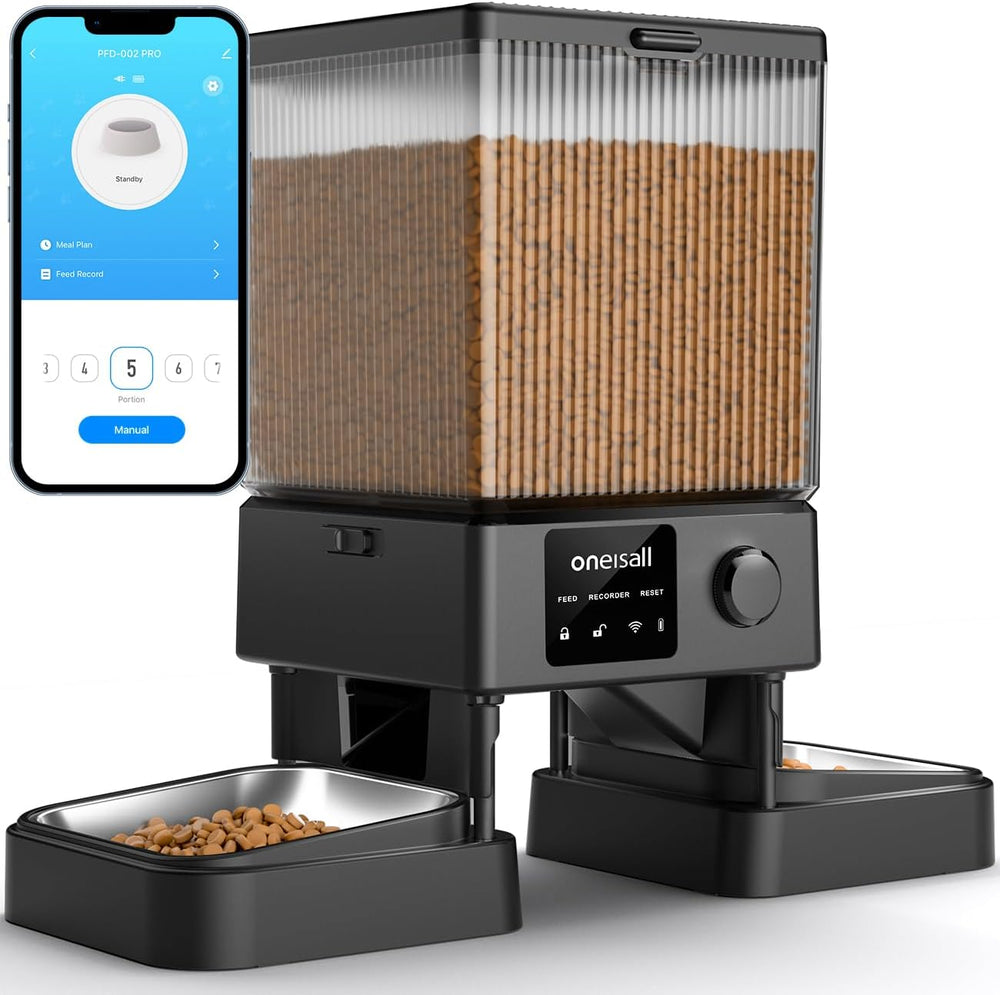 oneisall 5L Futterautomat Katze 2 Napfe, Katzenfutter Automat mit einem Knopf, Einfache Bedienung, Futterspender für Katzen/Hunde, mit Edelstahlschüssel, Voice Recorder, for small/mittlere Haustiere