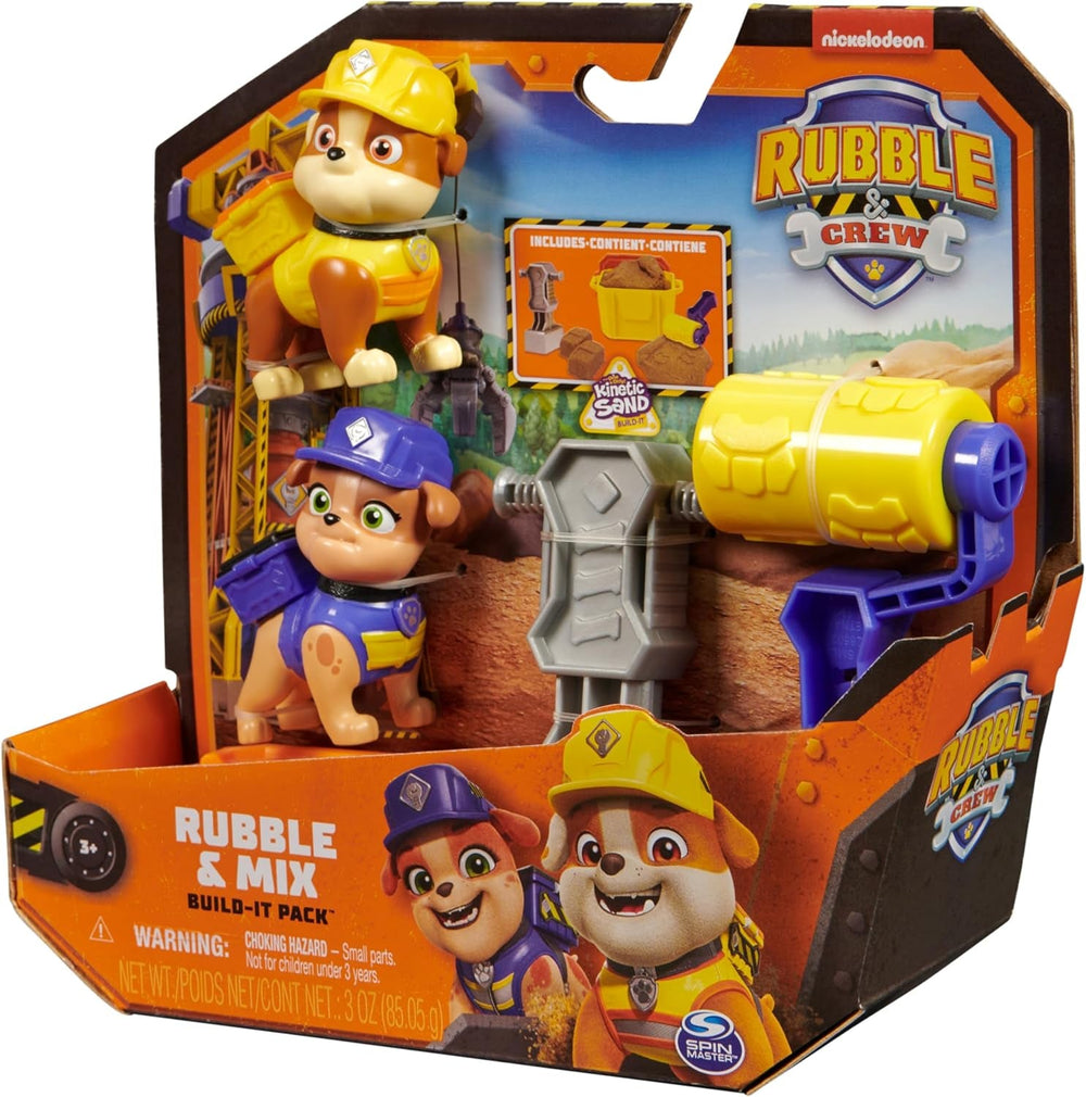 Rubble & Crew – Actionfiguren-Set mit Rubble & Mix Figur, 2 Bauspielzeugen und 85g Kinetic Sand Build-it-Sand, Spielzeug geeignet für Kinder ab 3 Jahren