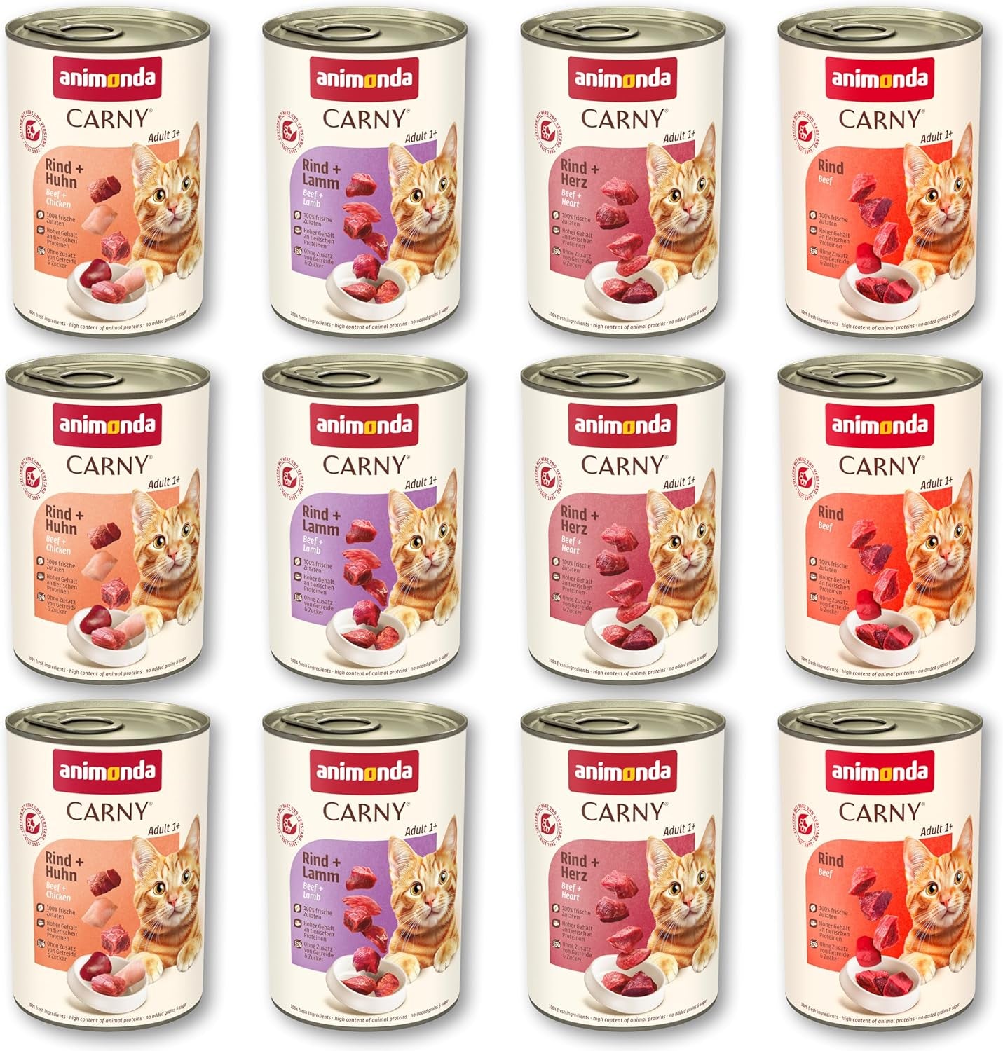 animonda Carny Adult Savory Variety (12 x 400 g), nourriture humide pour chats adultes, nourriture humide avec 100 % d'ingrédients de viande fraîche, sans céréales et sans sucre