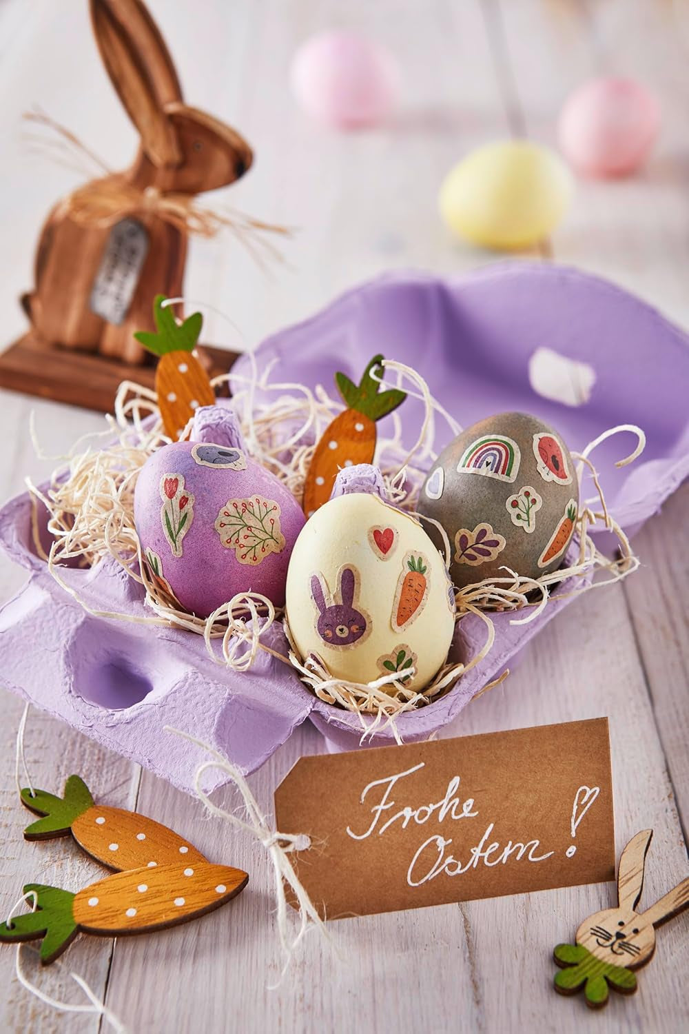 Heitmann Egg Dye Set de teinture naturelle, 3 poudres de teinture aux œufs (jaune, violet, gris-bleu), feuille d'autocollants en papier d'herbe