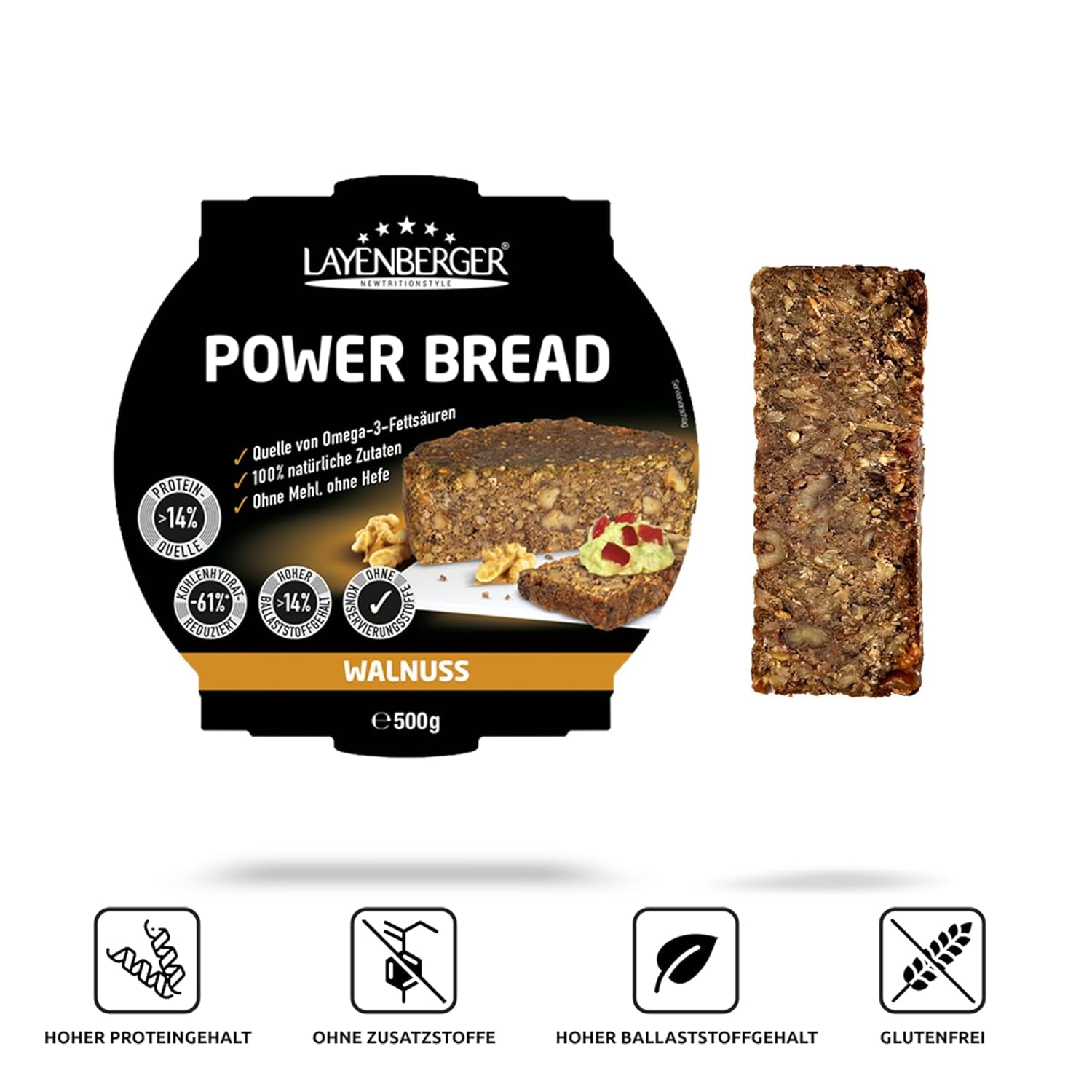 Layenberger Prower Bread Walnut, Eiweiß- Und Ballaststoffquelle, Ohne Konservierungsmittel, Ohne Hefe, Ohne Mehl, Mit 14G Protein Pro 100G, (1 X 500G) Mélange pour la pâtisserie et la cuisine Naty Shop