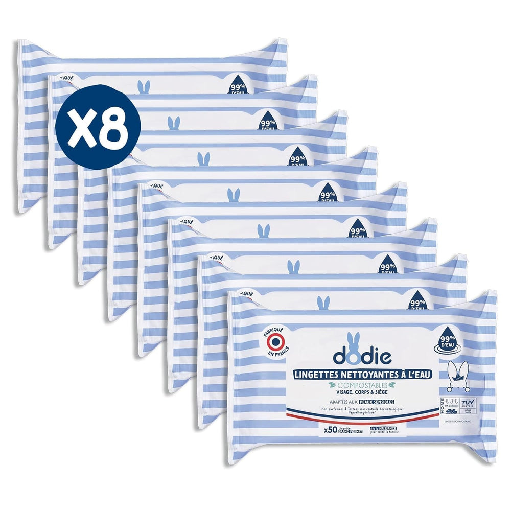 Paquet de 8 paquets de lingettes nettoyantes compostables à l'eau, 50 pièces