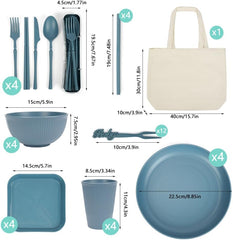Ensemble de vaisselle de camping 53 pièces pour 4 personnes, vaisselle de camping indestructible pour 4 personnes, ensemble de vaisselle en plastique léger avec sac de transport, assiettes et bols empilables, vaisselle de pique-nique de jardin pour barbecue