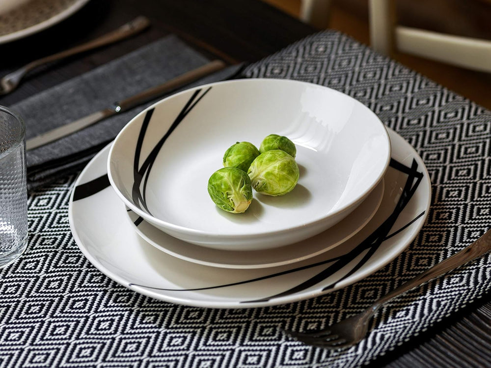 Service de table graphique, 18 pièces pour 6 personnes, porcelaine, blanc