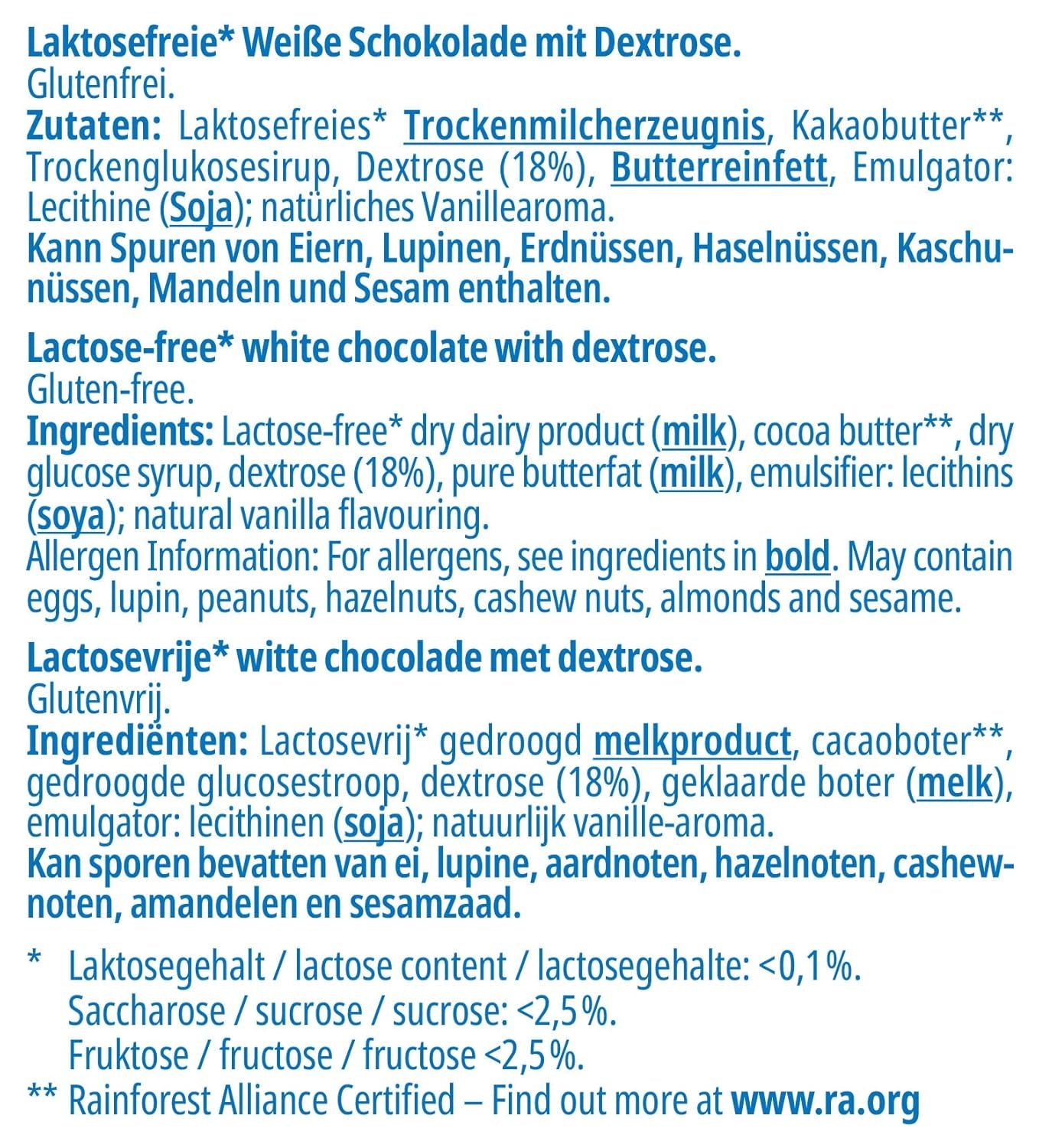 CHOCOLAT frankonia Chocolat blanc au dextrose, sans lactose et sans gluten, 80 g