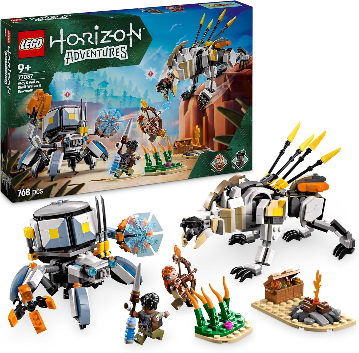 LEGO Horizon Adventures Aloy und Varl vs. Panzerwanderer und Sägezahn, Spielzeug mit Monstermaschinen und Minifiguren, Spielset zum Sammeln für Fans vom Videospiel, Jungen & Mädchen ab 9 Jahren 77037
