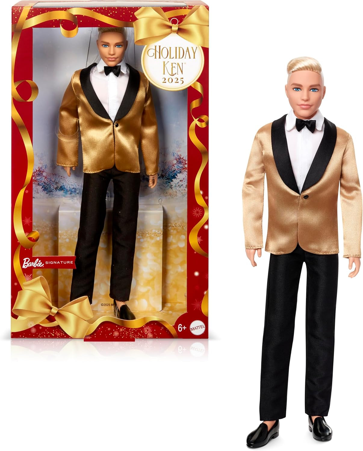 Barbie Signature 2025 Holiday Blonder Ken Modepuppe zum Sammeln in completem Anzug mit Goldener Jacke in Einer Verpackung zum Ausstellen et mit Puppenständer, JGK55