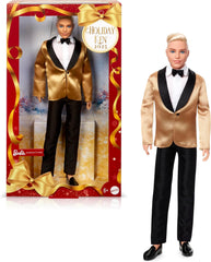 Barbie Signature 2025 Holiday Blonder Ken Modepuppe zum Sammeln in completem Anzug mit Goldener Jacke in Einer Verpackung zum Ausstellen et mit Puppenständer, JGK55