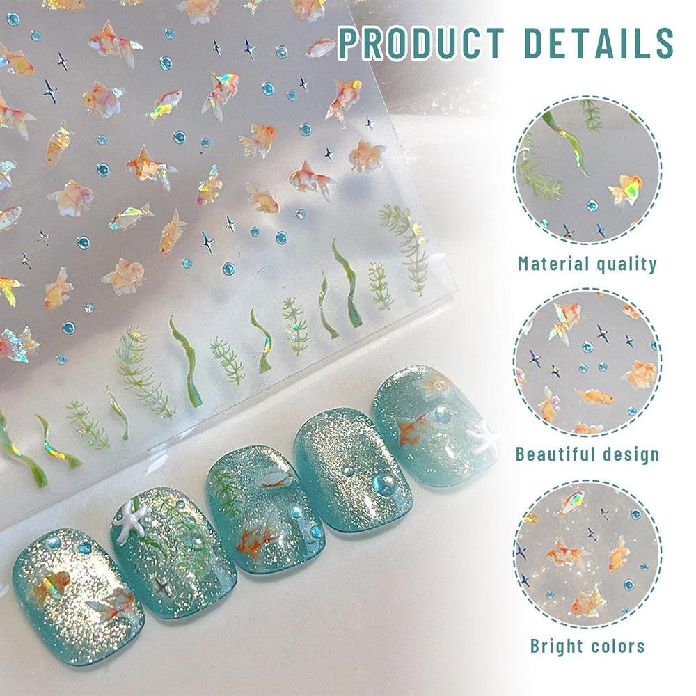 2 Stück Selfklebende Nagelsticker Mit Muscheleffekt, Vierstrahlstern et Goldfisch Design, Nagelaufkleber Für Fingernägel, Nail Art Zubehör Für Gelnägel