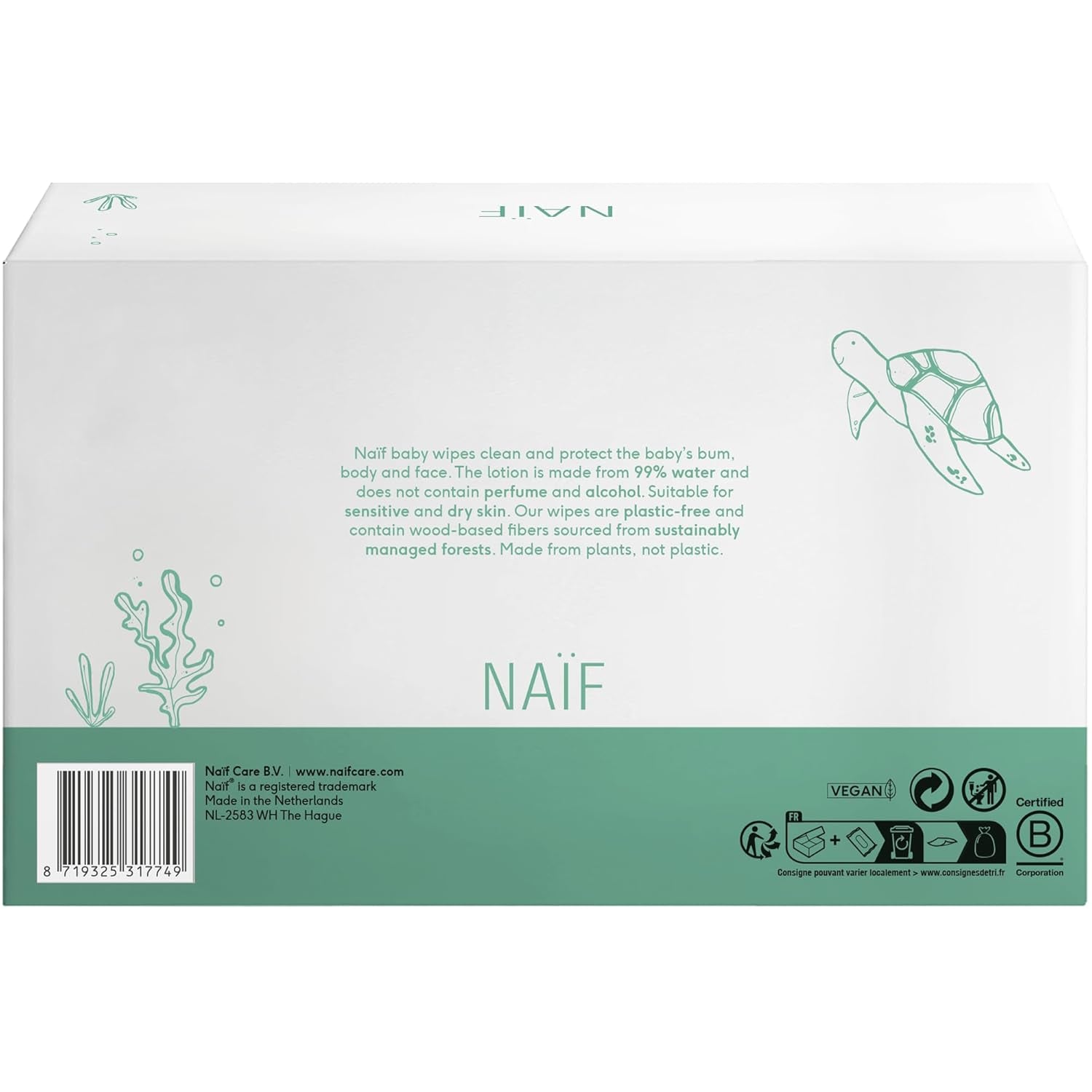 Naïf - Lingettes humides sans plastique - 864 pièces (16 paquets de 54 lingettes) - Soin des fesses, du corps et du visage de bébé - 99% d'eau - 0% de parfum et d'alcool