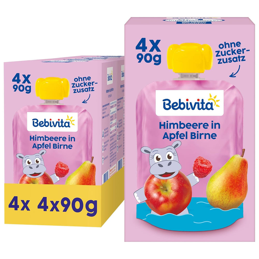 Himbeere in Apfel Birne Quetschie – 16 Stück (4er Pack, je 4 x 90g), sans sucre ajouté, sans gluten, idéal pour les repas et les collations individuelles