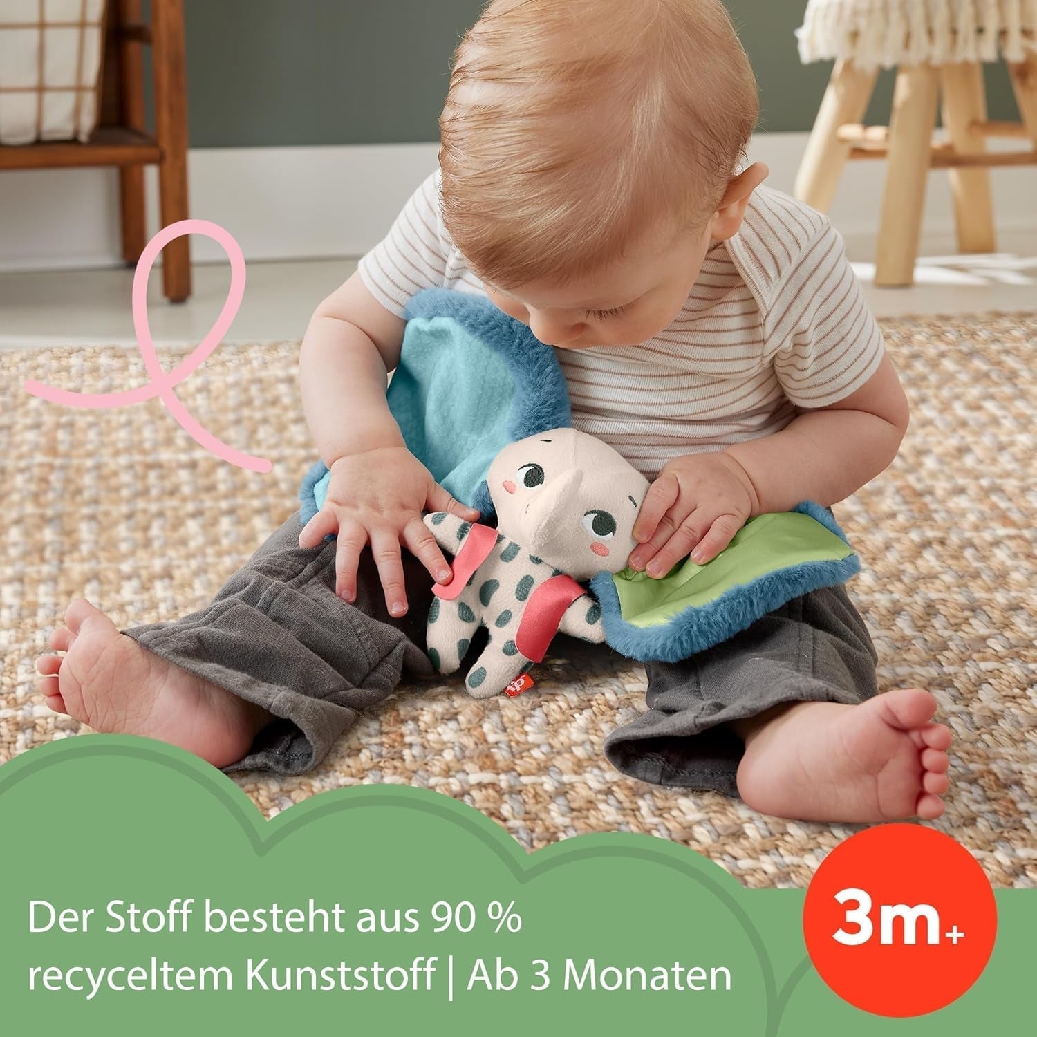 Fisher-Price Giant Ear Elephant - Jucărie adorabilă din pluș moale cu urechi foarte mari, fabricată din plastic reciclat în proporție de 90% și ambalaj certificat FSC, pentru bebeluși de la 3 luni în sus, HKD63 Jucarii Bebe Naty Shop
