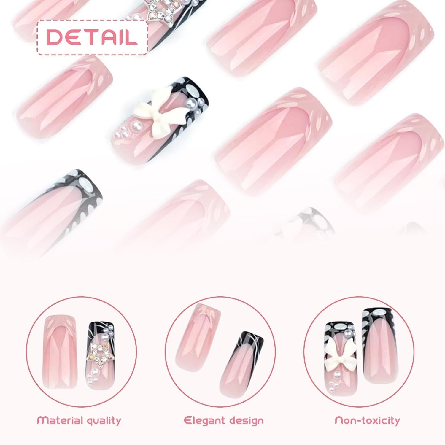 24 pièces de longueur moyenne strass rose carré perle paillettes 3D faux ongles pour femmes filles