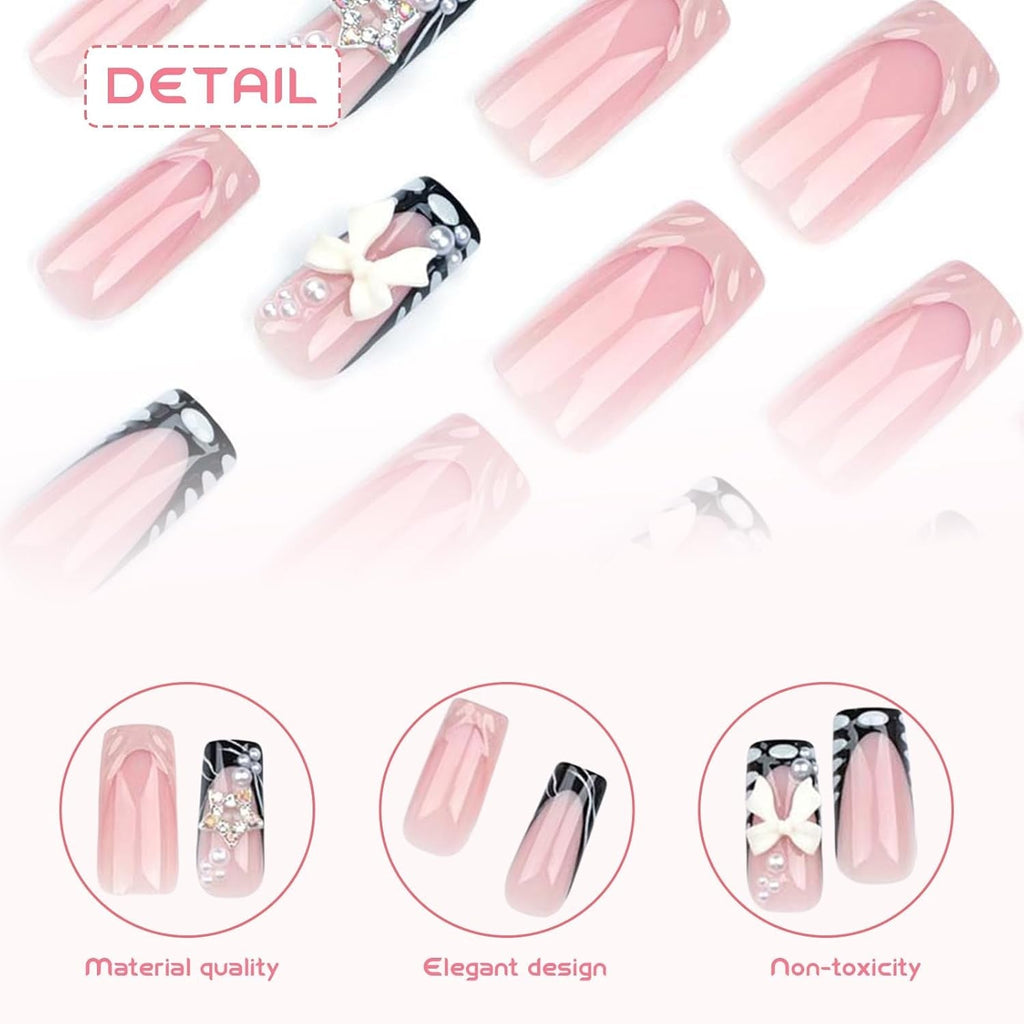 24 bucăți unghii false de lungime medie, cu strasuri, roz, pătrate, perlate, strălucitoare, unghii false 3D pentru femei și fete