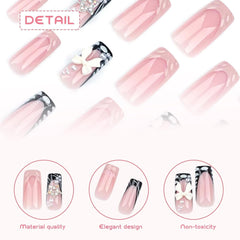 24 pièces de longueur moyenne strass rose carré perle paillettes 3D faux ongles pour femmes filles