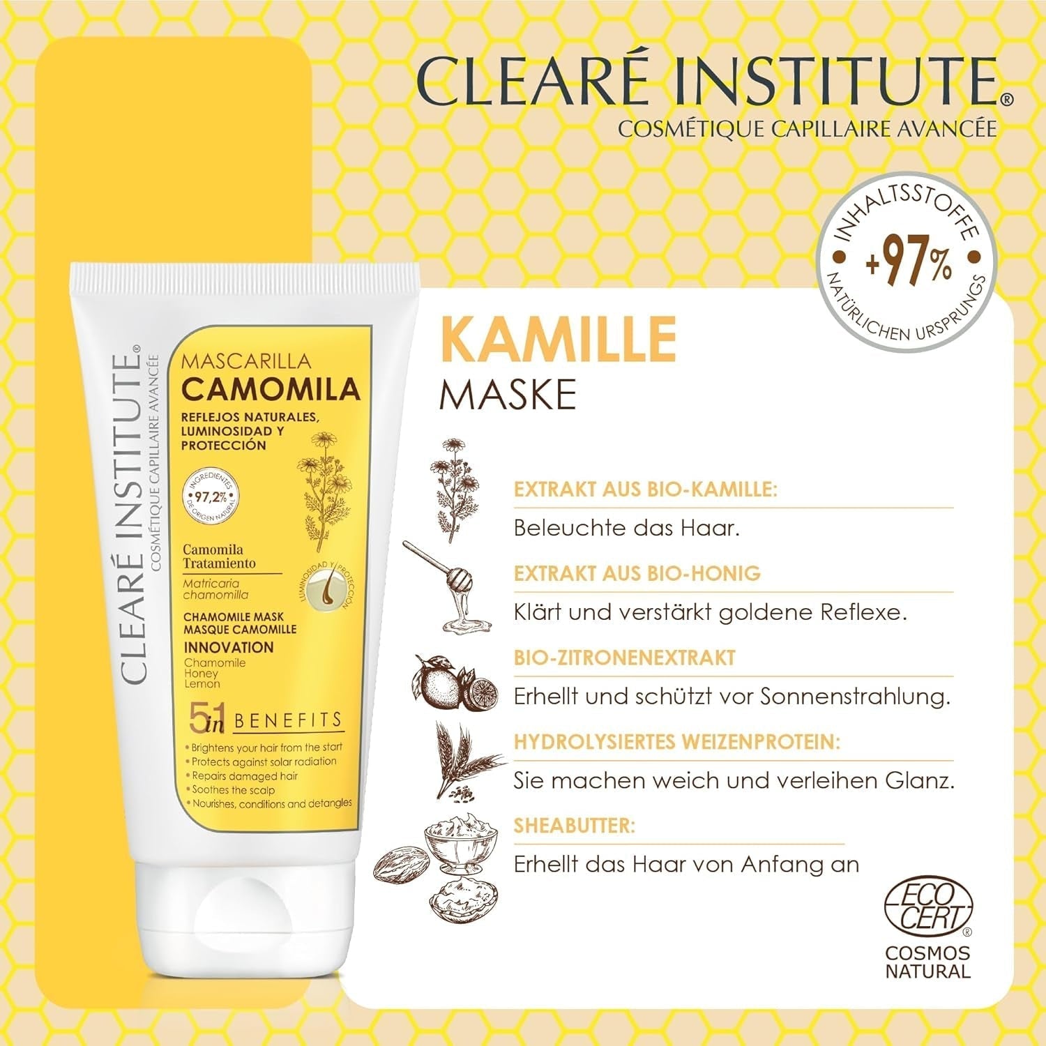 Institut Clearé | Masque à la camomille | Nourrit, conditionne et démêle | Brillance et brillance dorées | 97% d'ingrédients naturels | Apaise le cuir chevelu À l'extrait de camomille | Masque capillaire Naty Shop 150 ml