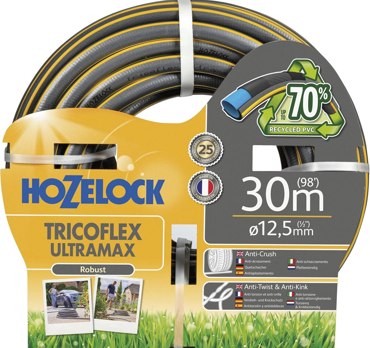 Furtun HOZELOCK - Ultramax 12,5 mm x 30 m, până la 70% PVC reciclat, robust, rezistent la intemperii, anti-răsucire, rezistent la îndoire și strivire, gri