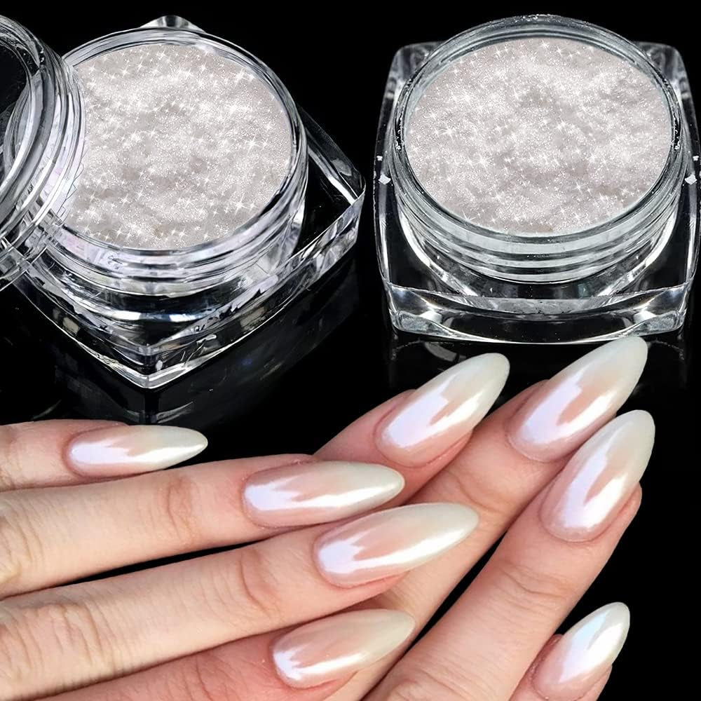 2 Schachteln Weiße Perle Chrom Nagelpuder - Transparent Aurora Ice Shimmer Chrome Pigment Pulver pour ongles, Glazed Donut Glitzerpuder Nails Spiegeleffekt-Glitter Nagelkunst-Pulver pour bricolage-salon