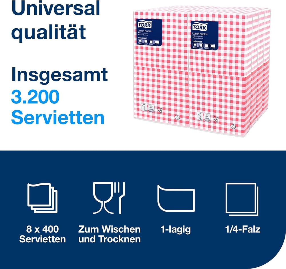 Serviette de table Tork Bistrored, pli 1/4, 1 pli, 33 cm × 33 cm, 8 × 400 serviettes, 509359