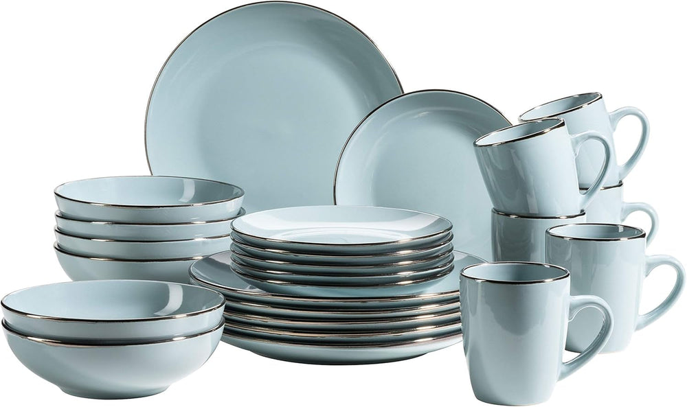 MÄSER Metallic Rim, Modernes Geschirr Set Für 4 Personen Mit Messingfarbenem Rand, 16-Teiliges Kombiservice Mit Randlosen Coupe-Formen, Steinzeug, Grau Arts de la table Naty Shop Hellblau 24-Teilige