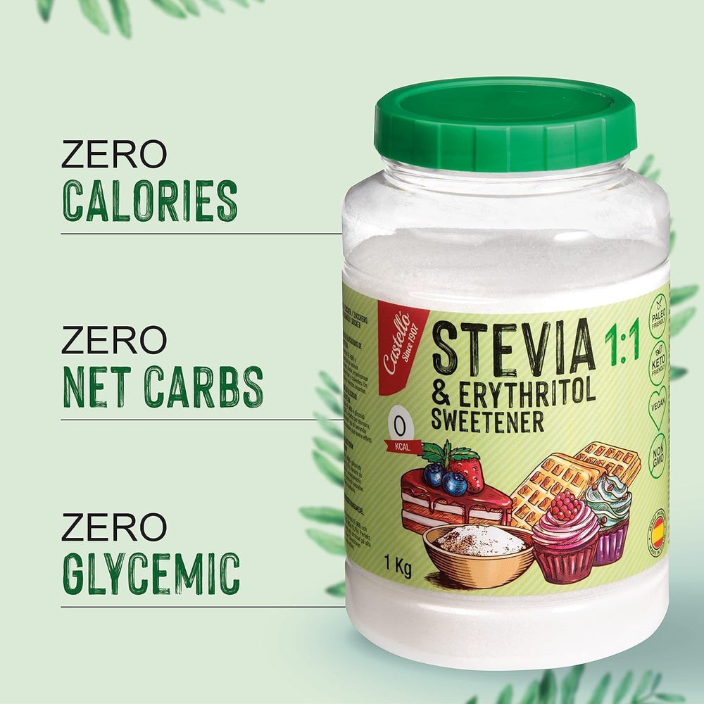 Stevia + Erythritol 1:1 Tissu doux | 1G = 1G Zucker | Ingrédients 100% naturels - 0 calories - 0 indice glycémique - Keto et Paleo - 0 netto-khlenhydrate - Kein GVO - Castello depuis 1907-1 kg d'édulcorants Naty Shop
