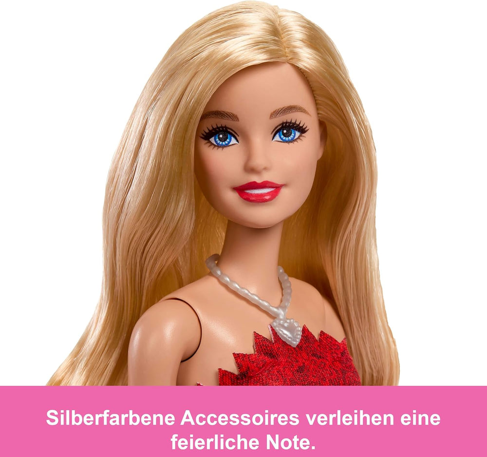 Mattel Rubinrote Blonde Barbie-Party-Modepuppe zum 80. Jubiläum roten Kleid mit silver Schuhen und Halskette, Sammelspielzeug, JGD25