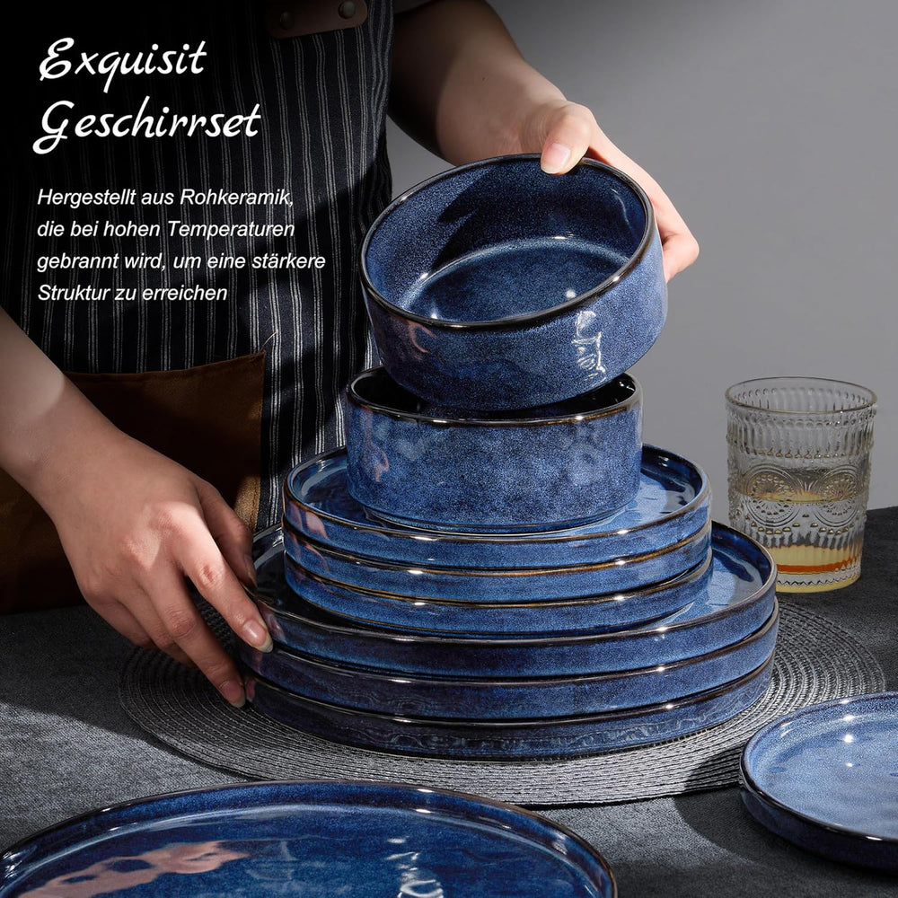 Homikit Service de table 12 pièces pour 4 personnes, service de table combiné avec assiettes, assiettes à dessert et bols à céréales, passe au micro-ondes et au lave-vaisselle, bleu élégant