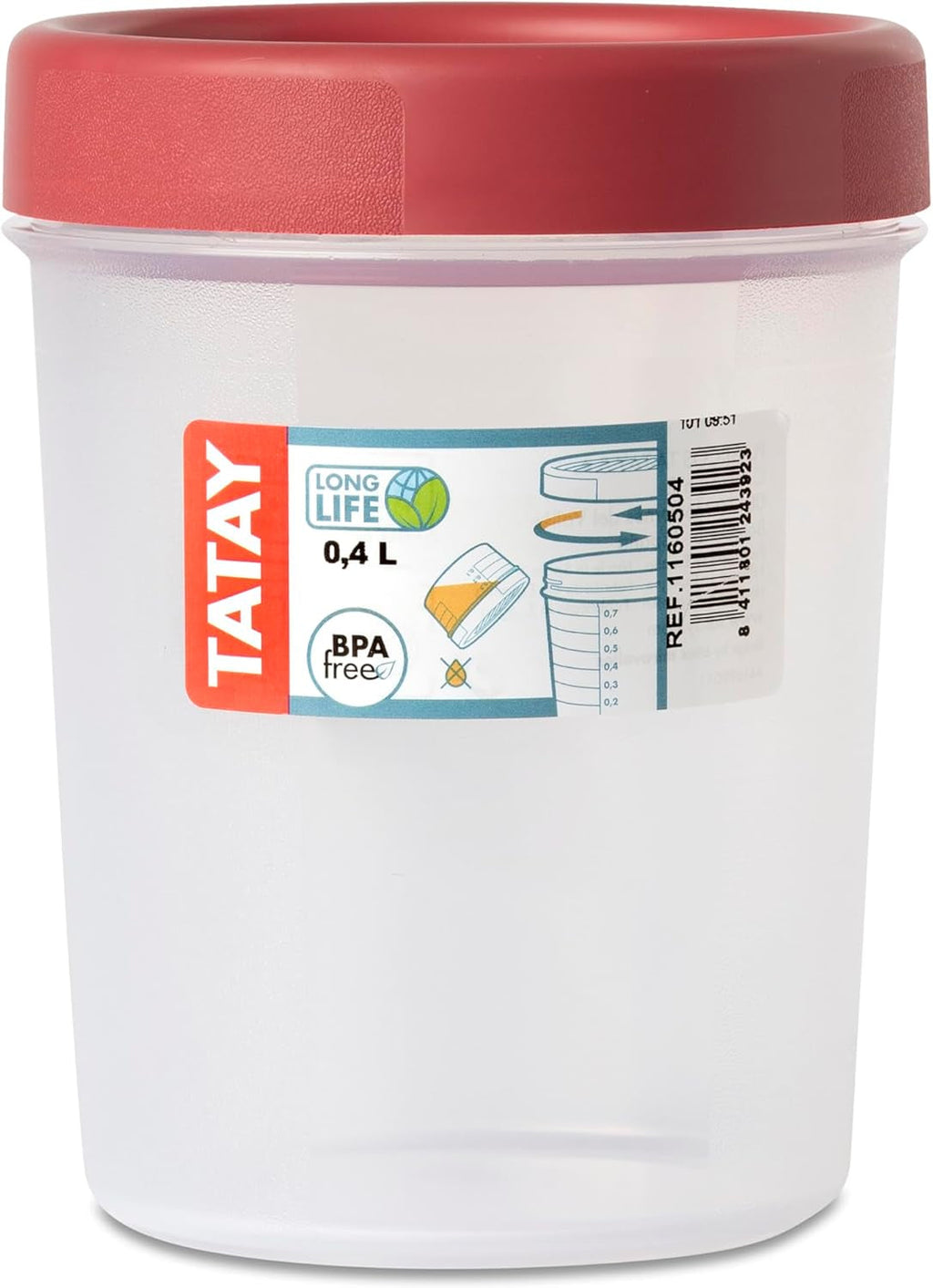 Borcan TATAY pentru depozitarea alimentelor, Etanș la aer, 0,4L capacitate, Capac cu șurub, Fără BPA, Potrivit pentru microunde și mașină de spălat vase, Roșu merișor. Dimensiuni: 8,5 x 8,5 x 11,1 cm Cutii depozitare alimente Naty Shop