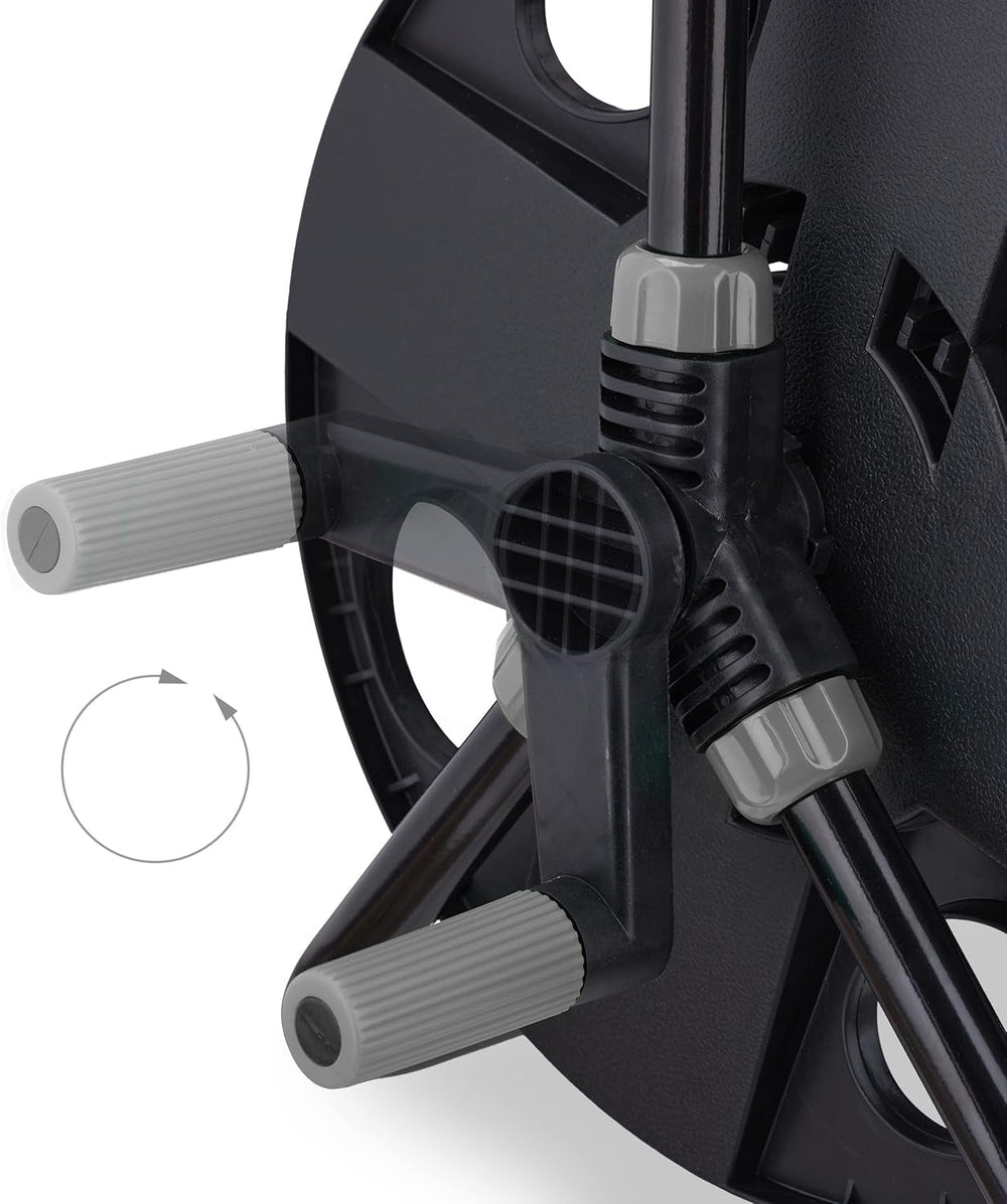 Enrouleur de tuyau Relaxdays, pour tuyau 30 m 1/2", acier, plastique, support de tuyau, HL : 38 x 42 x 31 cm, noir/gris