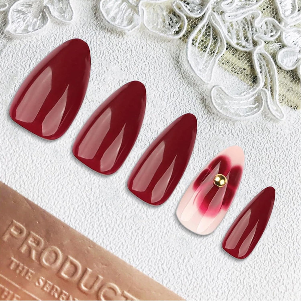 24 fleurs bordeaux avec armure de diamant, presse sur ongles, colle sur ongles artificiels, ensemble de pointes d’ongles