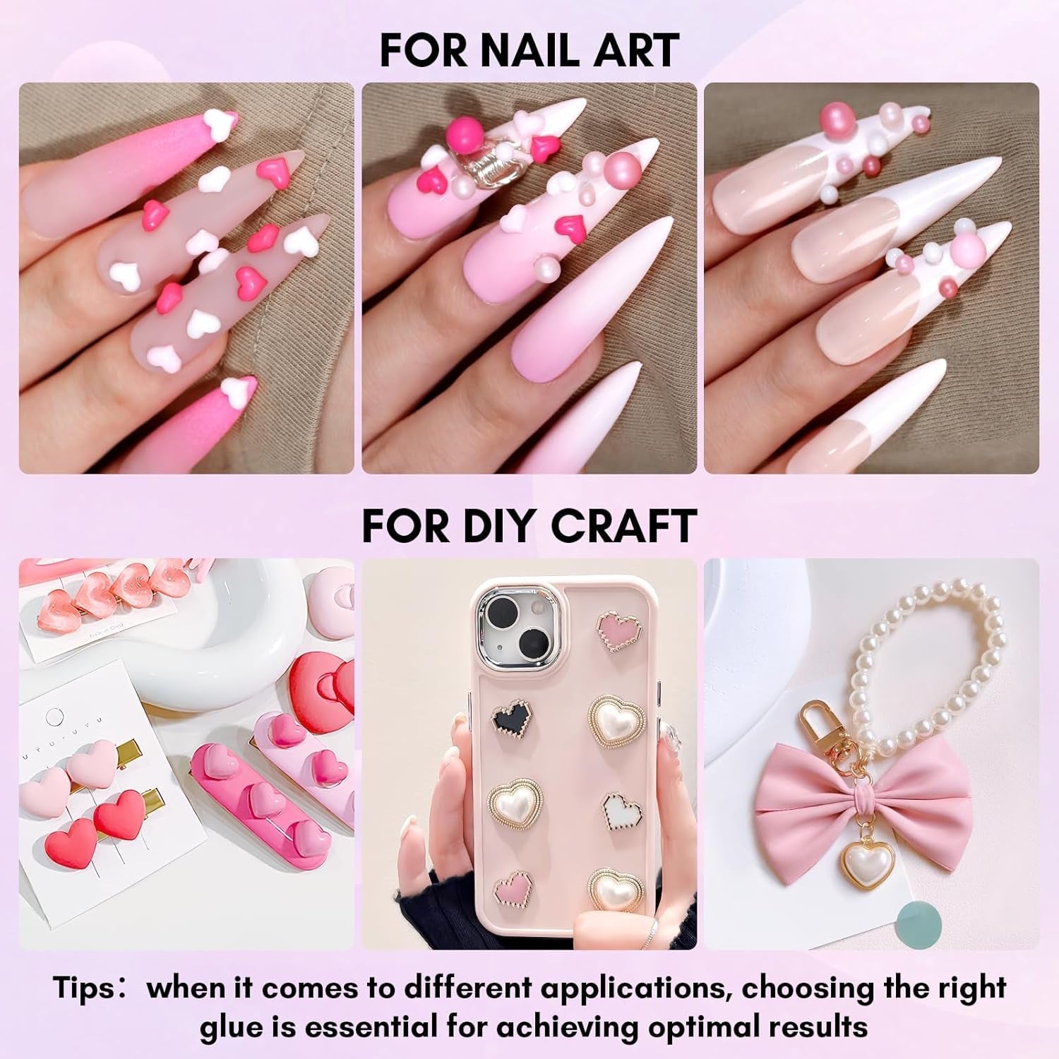 Makartt Gel adhésif pour strass – 15 ml de colle UV pour ongles avec breloques roses en forme de cœur, bijoux et accessoires de design d'ongles pour manucure à domicile, cadeau de Saint-Valentin