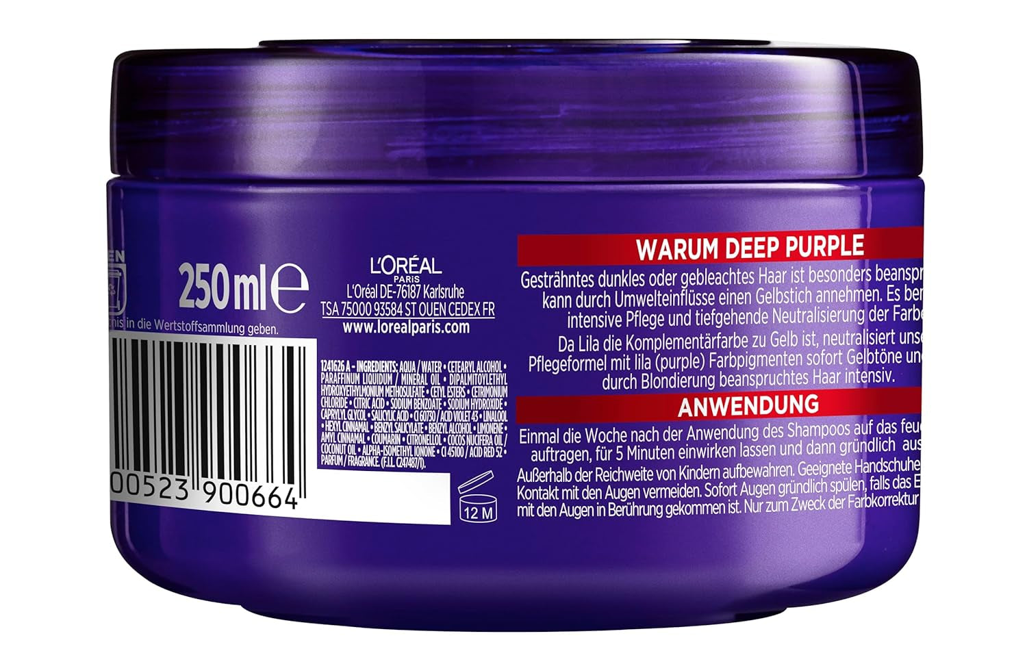 L'Oréal Paris Masque capillaire Elvital pour cheveux blonds, méchés, gris, neutralise les tons jaunes, Color Glanz Purple Deep Mask contre les tons jaunes, 1 x 250 ml Masque capillaire Naty Shop