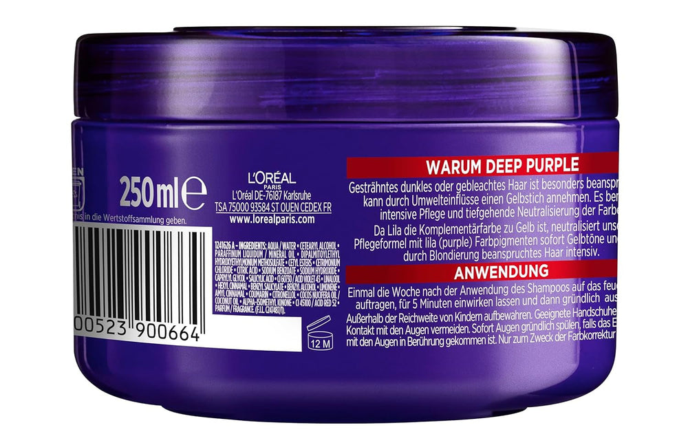 L'Oréal Paris Masque capillaire Elvital pour cheveux blonds, méchés, gris, neutralise les tons jaunes, Color Glanz Purple Deep Mask contre les tons jaunes, 1 x 250 ml Masque capillaire Naty Shop