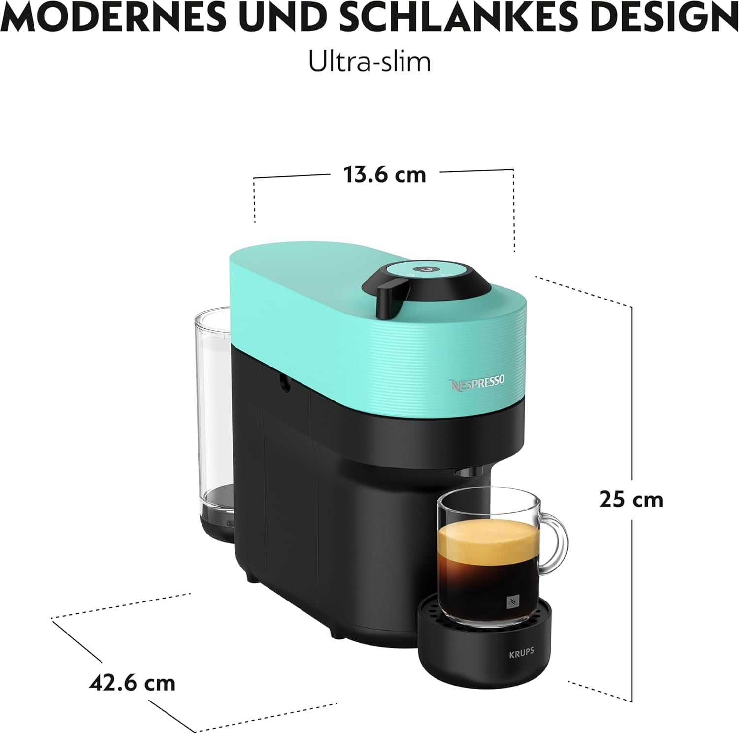 Machine à expresso avec capsules Nespresso Krups Vertuo Pop, capacité : 560 ml, reconnaissance automatique des capsules, système One Touch, 4 tailles de tasse, temps de chauffe raccourci, durable, Aqua Mint, XN9204