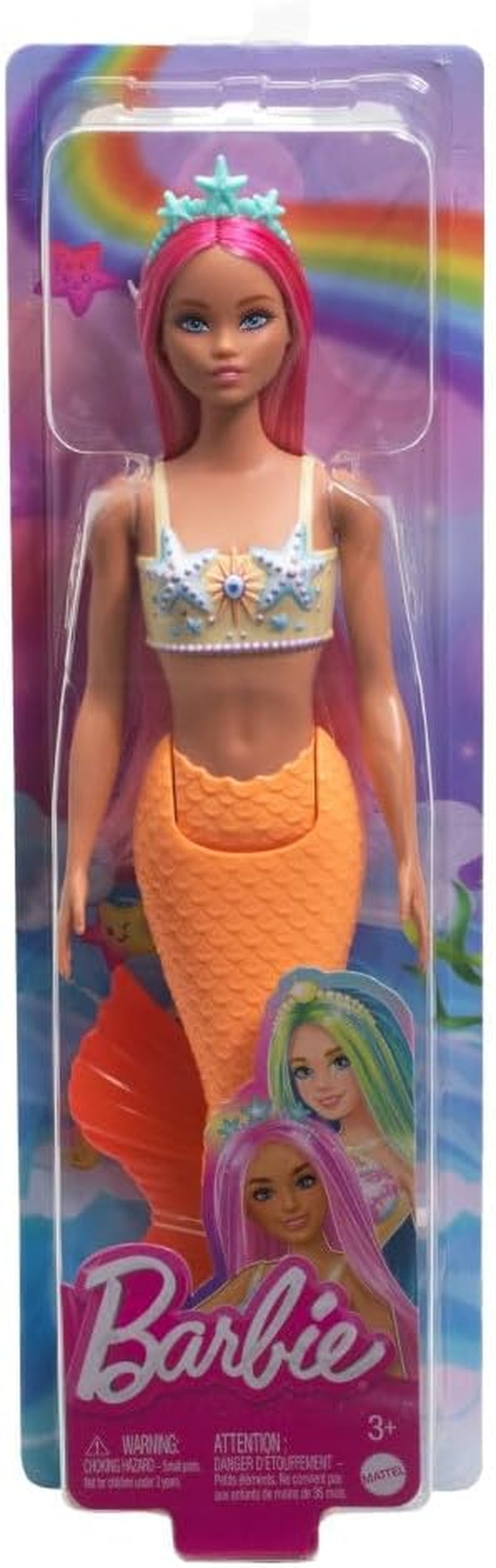 Poupée Barbie sirène avec cheveux et bandeau roses fantaisie, poupée tête d'étoile de mer et nageoire queue orange douce, HRR05