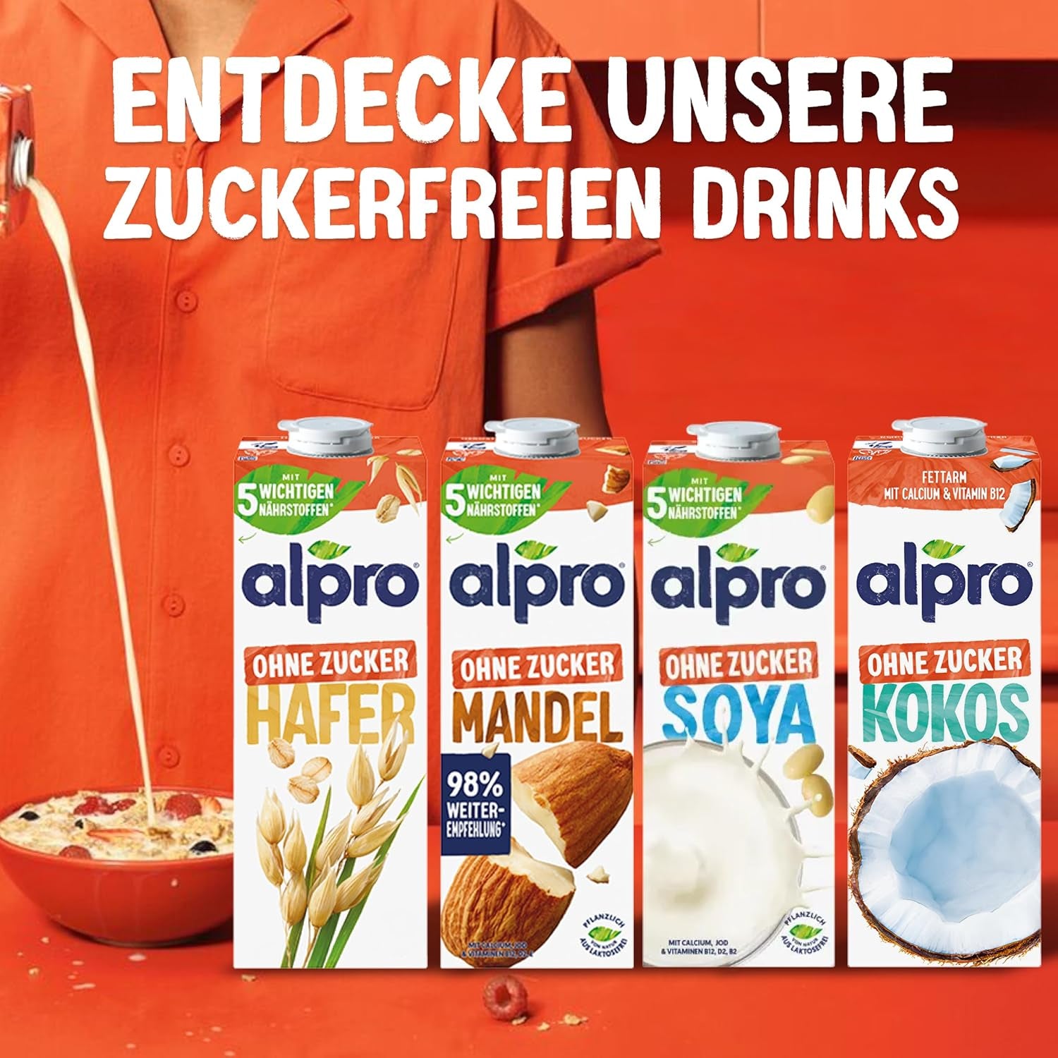 Alpro Haferdrink ohne Zucker – Milchalternative auf Haferbasis – Vegan et sans lactose – Riche en substances de ballast, calcium et vitamines – 8 x 1 L