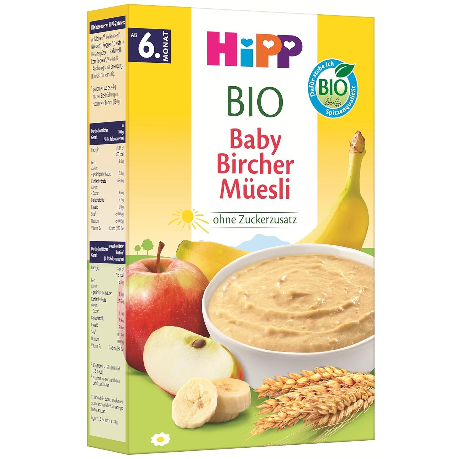 HiPP Muesli Bircher pour bébés bio (8 x 250g), à partir de 6 mois, sans sucre ajouté, flocons de céréales extra moelleux - petit-déjeuner facile à digérer de la meilleure qualité bio