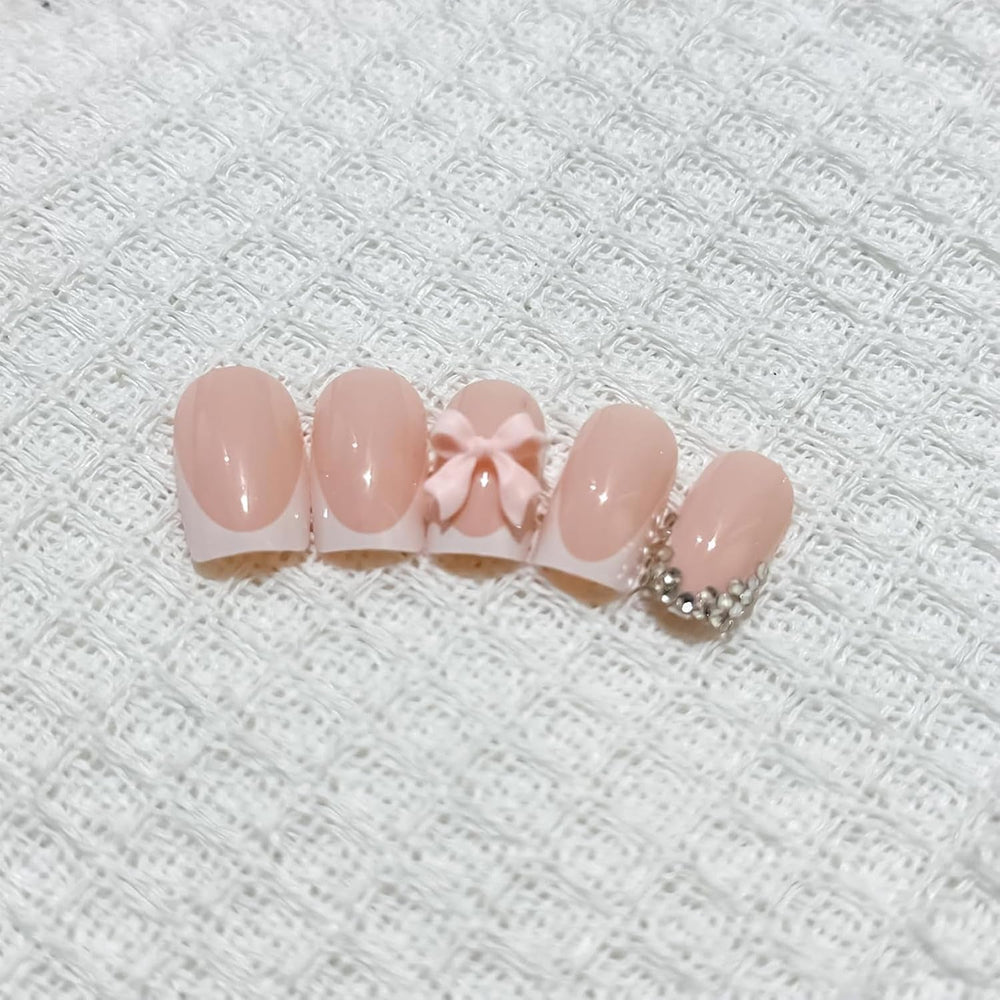 24 pcs Rose Diamant Arc Français Manucure Comprimés Ongles Carrés Strass Motif Nude Rose Ongles Artificiels Couverture Complète Colle Manucure