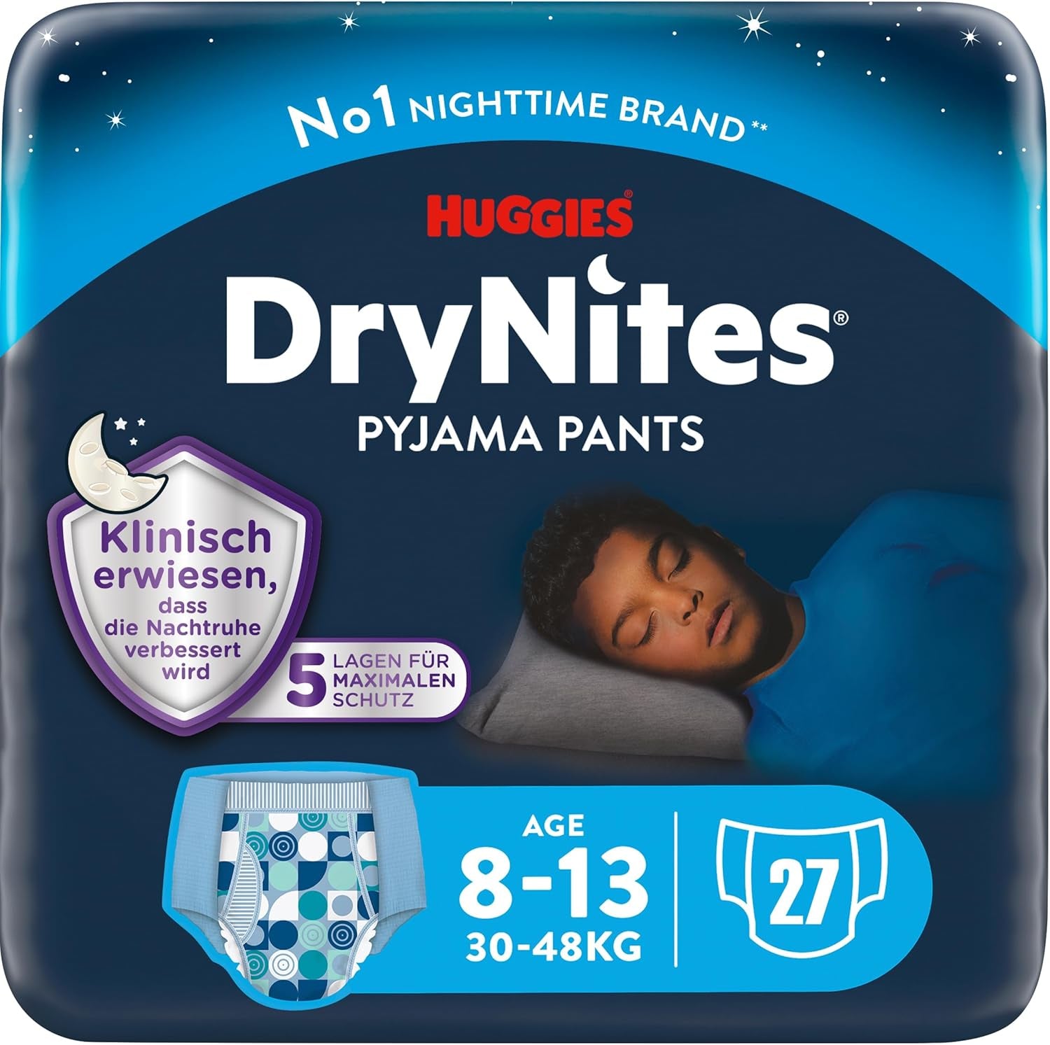 Huggies DryNites Couches mouillantes nocturnes super absorbantes pour garçons de 8 à 13 ans (30 à 48 kg) 27 couches (3 x 9 pièces)