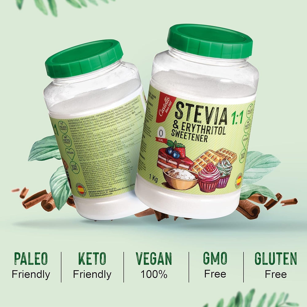 Stevia + Erythritol 1:1 Tissu doux | 1G = 1G Zucker | Ingrédients 100% naturels - 0 calories - 0 indice glycémique - Keto et Paleo - 0 netto-khlenhydrate - Kein GVO - Castello depuis 1907-1 kg d'édulcorants Naty Shop