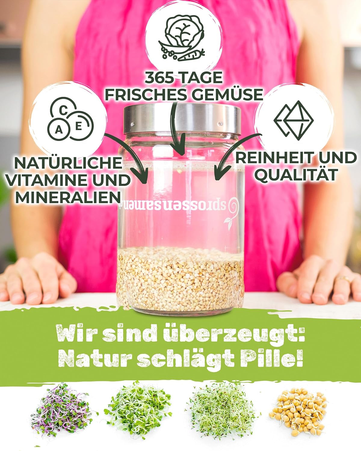 Coffret de pots de germination 3100 ml avec coffret cadeau - Organic Fitness Mix, Power Mix et Detox Mix, 75 g chacun - Pot de germination - incl. couvercle du pot, support et passoire