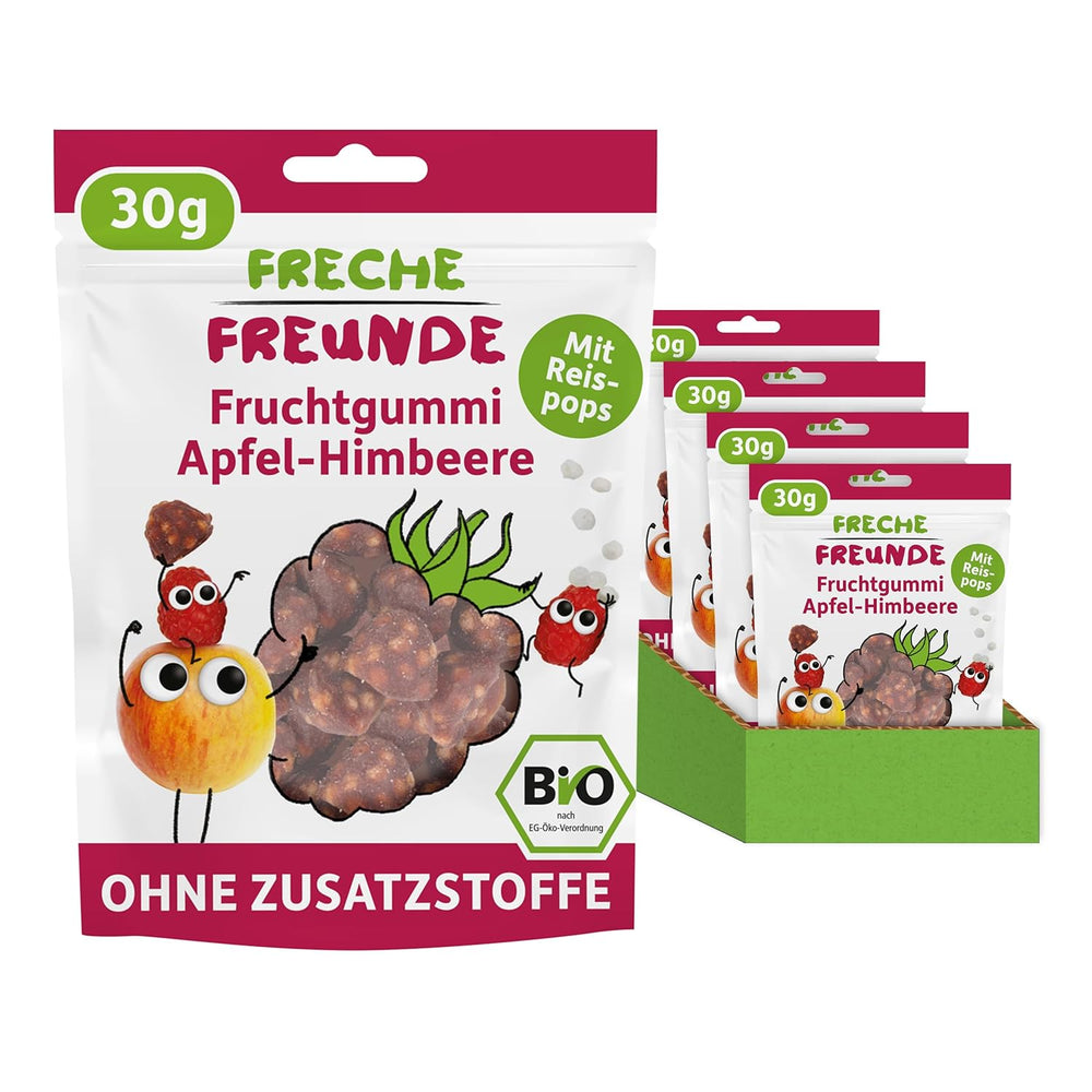 FRECHE FREUNDE Gelées de Fruits Bio, Sucettes Pomme, Framboise et Riz, Snack Sucré Fruité pour Enfants, Sans Gluten, Végétalien, Paquet de 20 (20 x 30g)