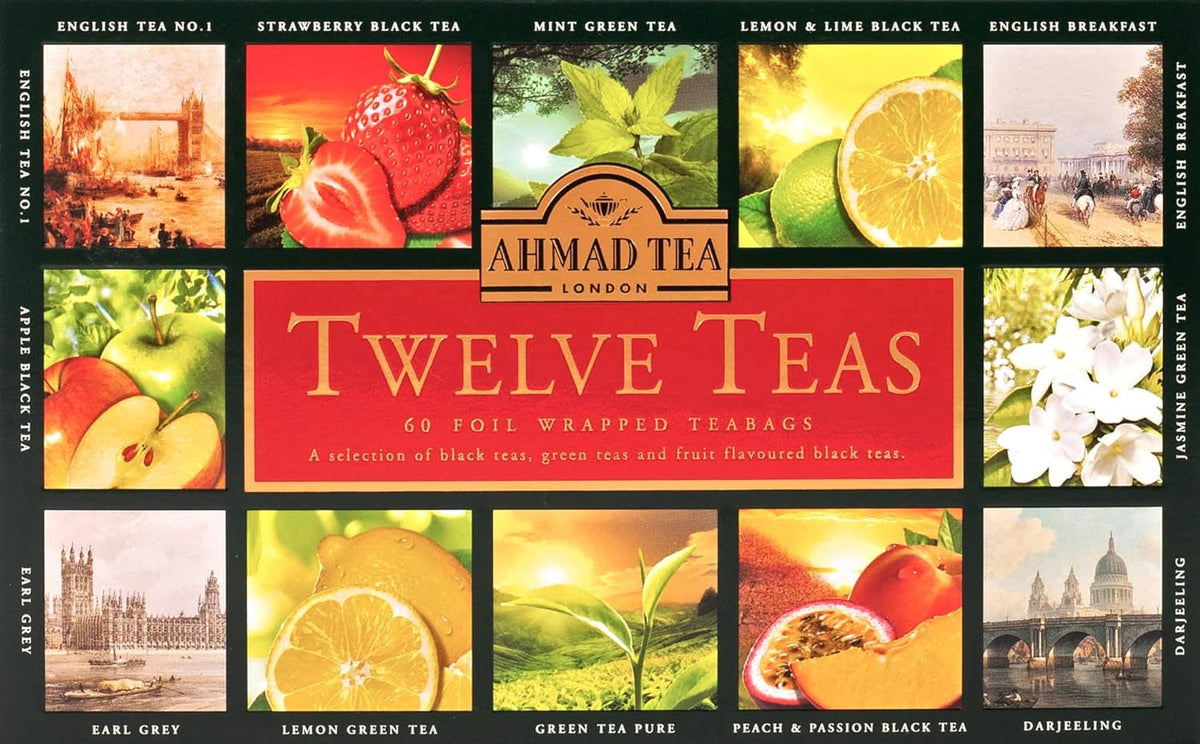 Ahmad Tea Twelve Teas – 12 assortiments de thé noir et vert avec différentes saveurs – 60 sachets de thé emballés individuellement, scellés pour préserver les saveurs, 120 g de thé