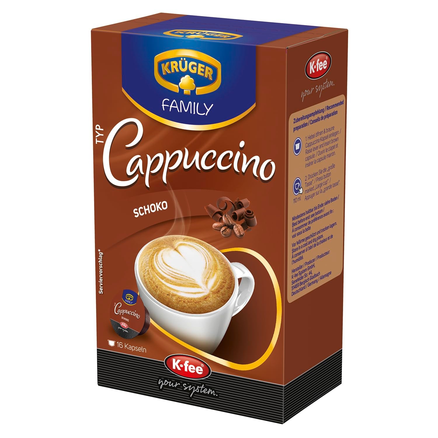 Capsules de café KRÜGER Cappuccino Schoko, compatibles avec K-fee et ALDI EXPRESSI* Kapselmaschinen, café instantané aromatisé, 96 capsules