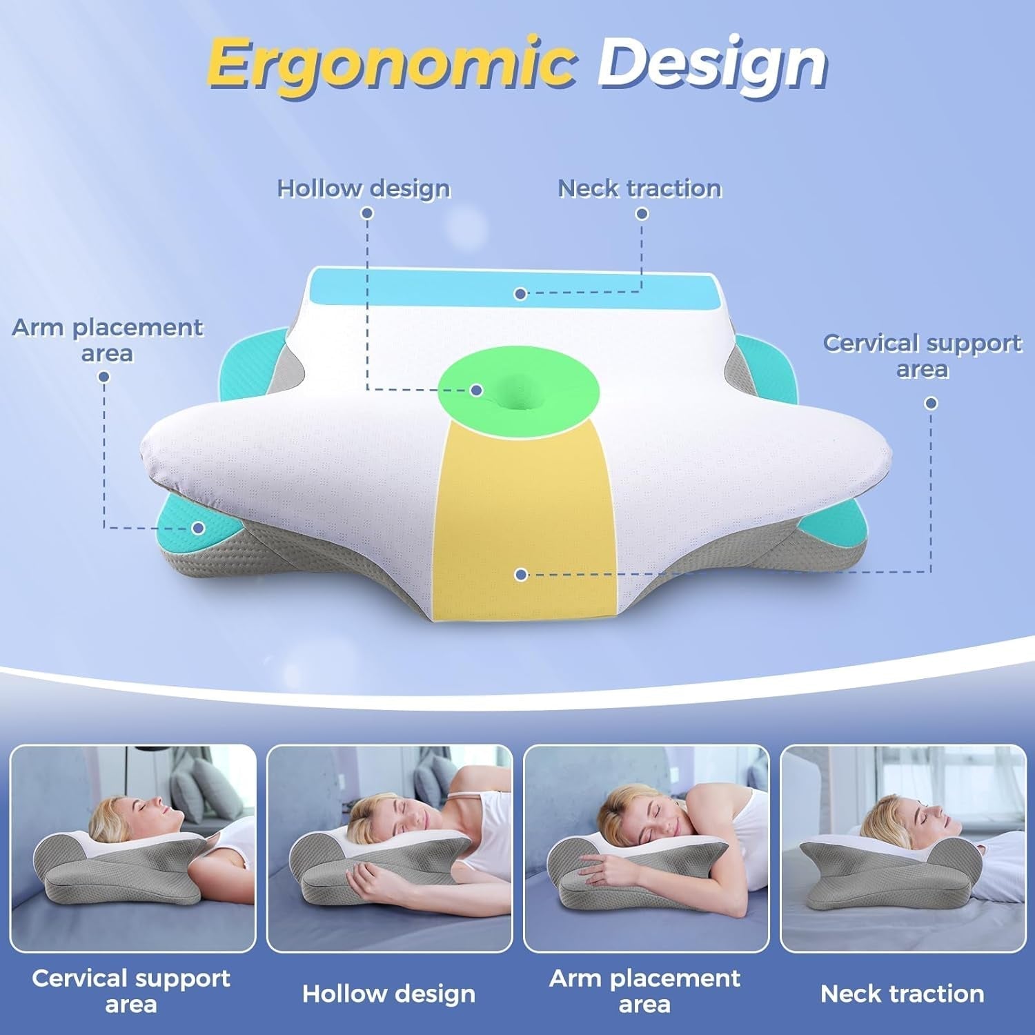 SAHEYER Oreiller Cervical 2 en 1 Oreiller Ergonomique de Soutien du Cou et Oreiller Roulant pour la Nuque Oreiller Orthopédique pour Dormeurs Latéraux Oreiller en Mousse à Mémoire pour Dormeurs Latéraux Oreillers Cervicaux Orthopédiques pour Dos et Ventre Naty Shop