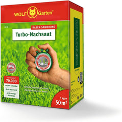Wolf-Garten Turbo-Nachsaat Zur Rasensanierung LR50 (Für 50 M2, Hohe Dichte Mit Ca. 70.000 Trieben/M2, Für Alle Rasentypen Geeignet, Mit Wolf-Garten Keimgarantie, Im 1Kg Karton) 3826031